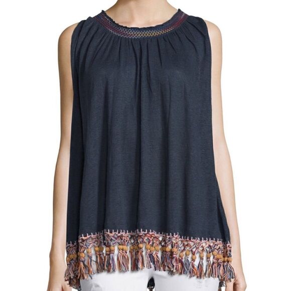 CALYSO ST.BARTHE Linen Dunlu Tee Size XS Sleeveless Fringe Boho Lagenlook Beach - Picture 1 of 7